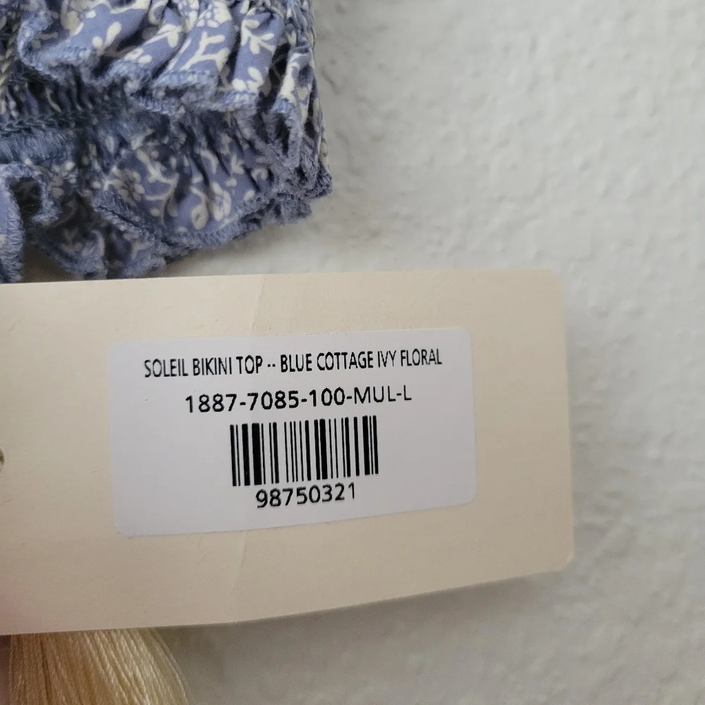 NWT doen 100% cotton soleil bikini top in blue cottage ivy floral, large
